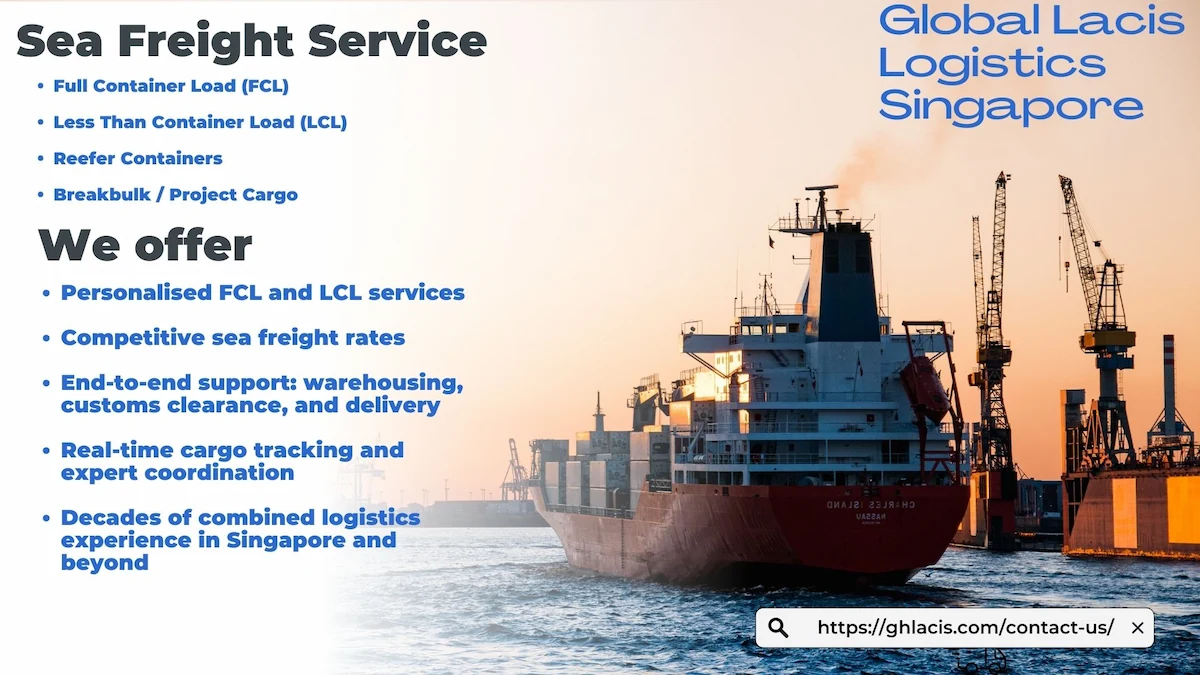 Cargo ship at sunset in a bustling port with cranes, illustrating Global Lacis Logistics' sea freight services, including FCL, LCL, reefer, breakbulk cargo, competitive rates, tracking, and end-to-end support.