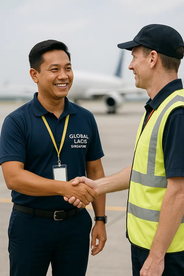 Global Lacis logistics professionals shaking hands with airline cargo staff on the airport ground.