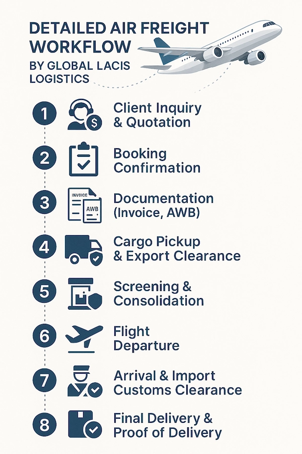 Detailed air freight workflow by Global Lacis Logistics in 8 steps from inquiry to final delivery