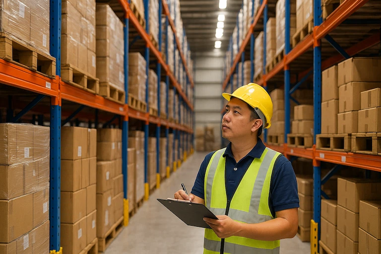 Warehouse worker in safety gear inspecting inventory in a modern storage facility in Singapore.