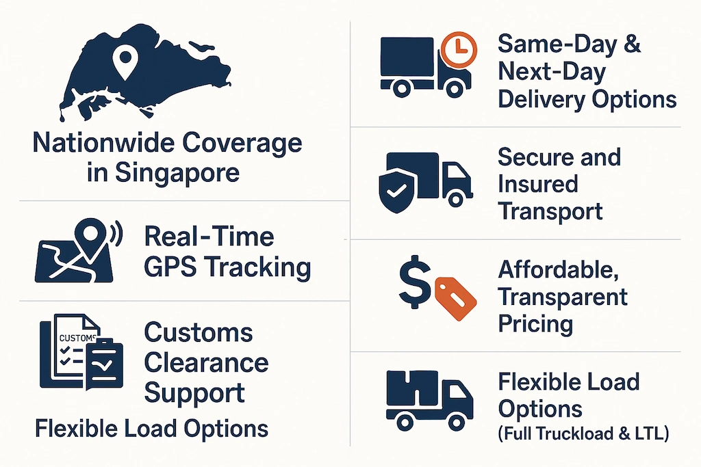 Infographic detailing Ghlacis Freight's trucking services including Nationwide Coverage in Singapore, Same-Day & Next-Day Delivery, Real-Time GPS Tracking, Secure and Insured Transport, Customs Clearance Support, Affordable Transparent Pricing, and Flexible Load Options (Full Truckload & LTL).