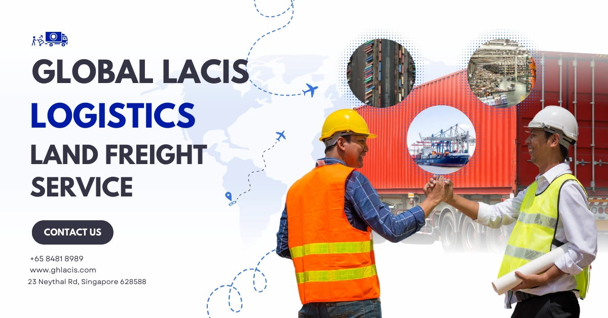 Two logistics workers in safety gear shake hands in front of a red freight truck, with visuals of global shipping and warehouse logistics in the background.