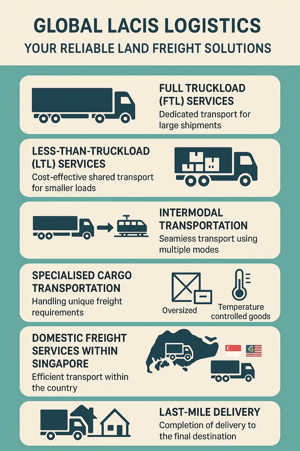 Infographic detailing Global Lacis Logistics' land freight services: Full Truckload (FTL), Less-Than-Truckload (LTL), Intermodal Transportation, Specialised Cargo (Oversized, Temperature-controlled), Domestic Freight in Singapore, and Last-Mile Delivery.