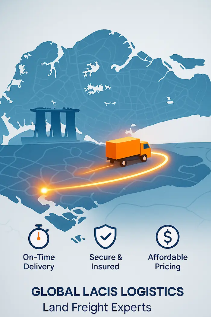 Land freight service by Global Lacis Logistics showing a delivery truck with a glowing trail, Marina Bay Sands in the background, and icons for on-time delivery, secure transport, and affordable pricing.