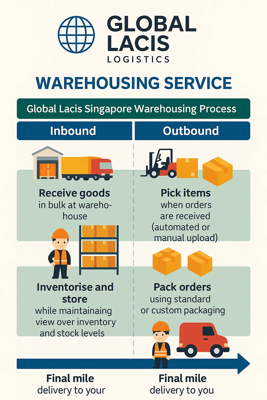 Infographic showing the inbound and outbound warehousing process of Global Lacis Logistics in Singapore.