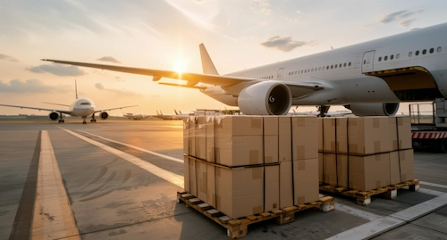 Cargo boxes on pallets being loaded onto a cargo plane at sunset.