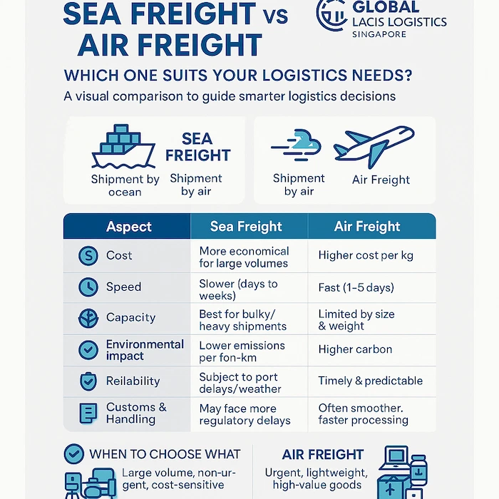 Sea Freight vs Air Freight Comparison Chart by Global Lacis Logistics Singapore highlighting cost, speed, capacity, environmental impact, and best use cases