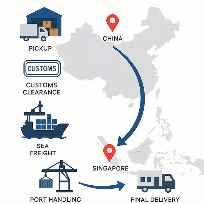 Infographic showing the step-by-step process of door-to-door shipping from China to Singapore, including pickup, customs clearance, sea freight, port handling, and final delivery.