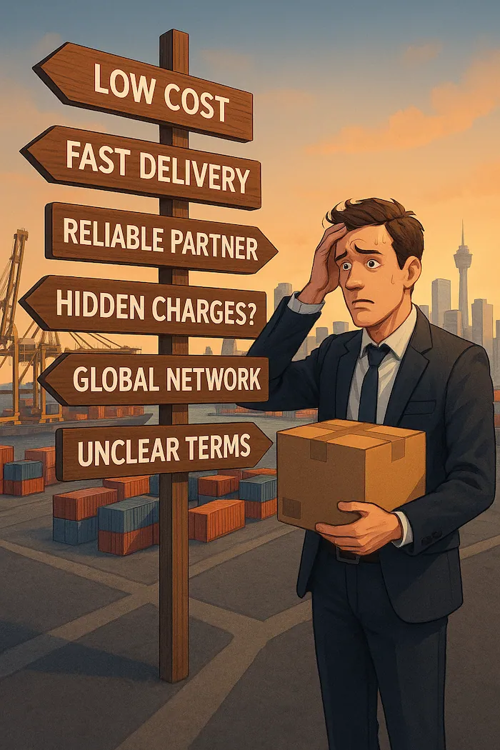 Confused businessman at shipping port holding a box, standing beside signposts with logistics-related concerns like low cost, fast delivery, reliable partner, hidden charges, global network, and unclear terms.