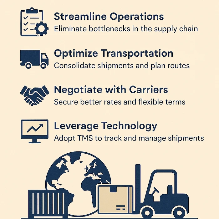 Infographic showing four key strategies to reduce logistics costs: streamline operations, optimize transportation, negotiate with carriers, and leverage technology.