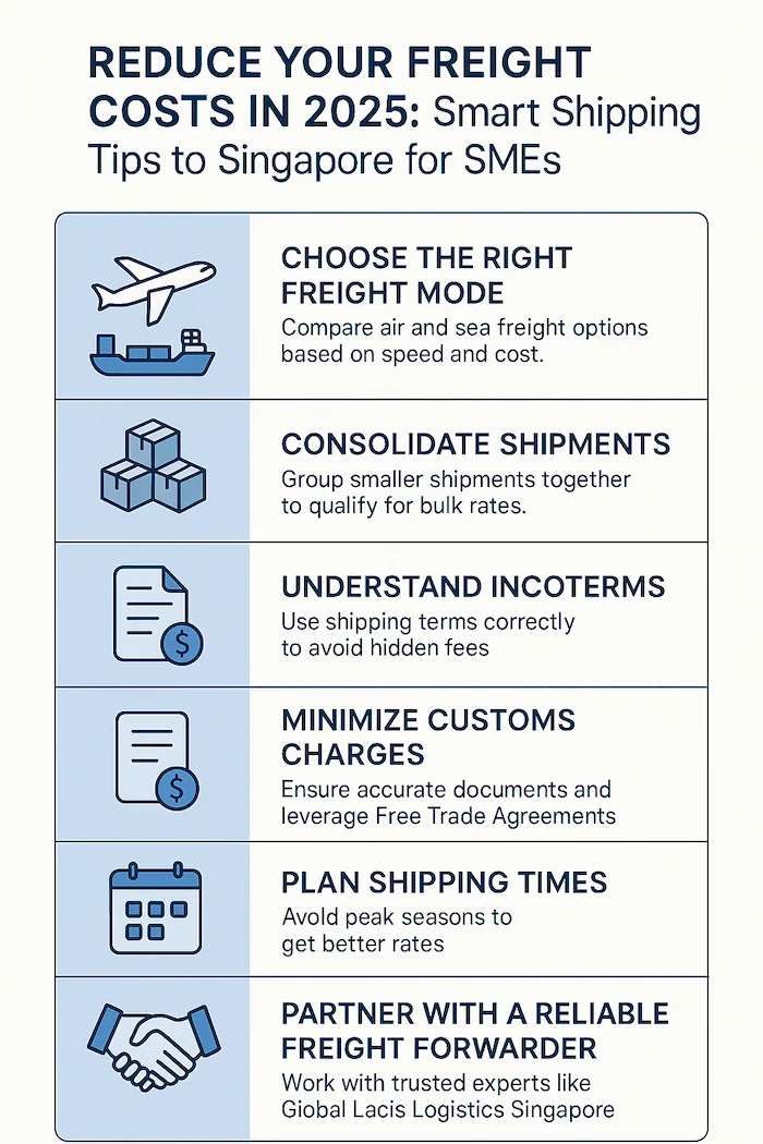 Infographic with six tips to reduce shipping costs to Singapore in 2025 for SMEs, including freight mode selection, consolidation, Incoterms, customs savings, planning, and working with a reliable logistics partner.