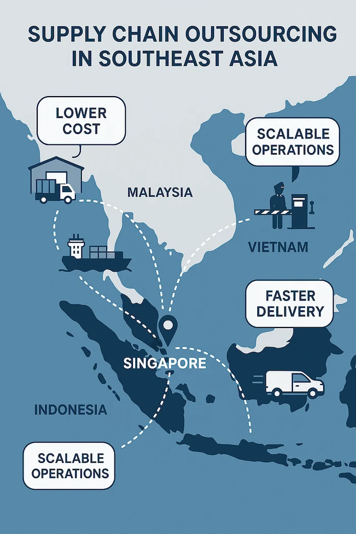 Map illustration of supply chain management outsourcing in Southeast Asia showing logistics connections from Singapore to Malaysia, Vietnam, and Indonesia with benefits like lower cost, scalable operations, and faster delivery.