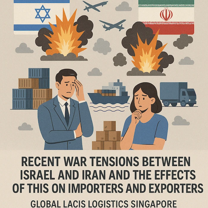 Two worried logistics professionals stand beside cargo containers, a cargo ship, and a delivery truck, with explosions and military aircraft in the background symbolizing the Israel-Iran conflict. National flags of Israel and Iran are visible above the explosions.