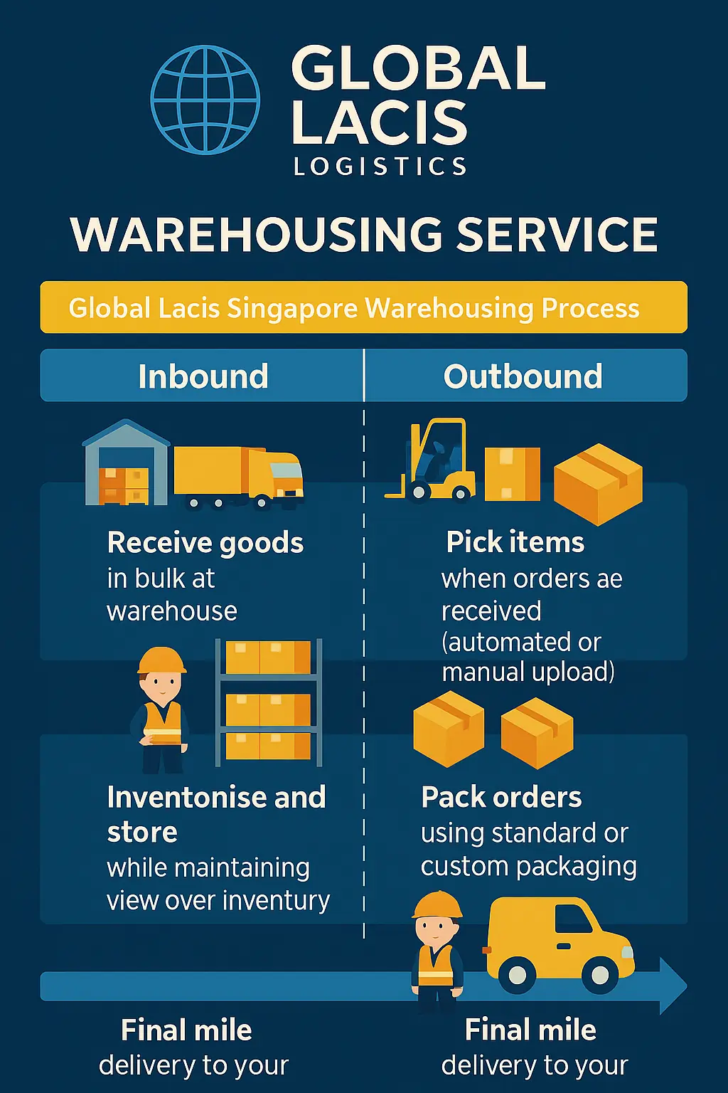 Infographic showing Global Lacis Singapore’s warehousing process for inbound and outbound logistics to streamline e-commerce operations.