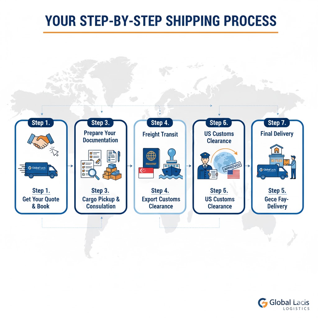 A split-screen image contrasting the Singapore skyline and port on the left with the New York City skyline and Statue of Liberty on the right, visually representing shipping from Singapore to the USA. A cargo plane, a 2025 calendar icon labeled 