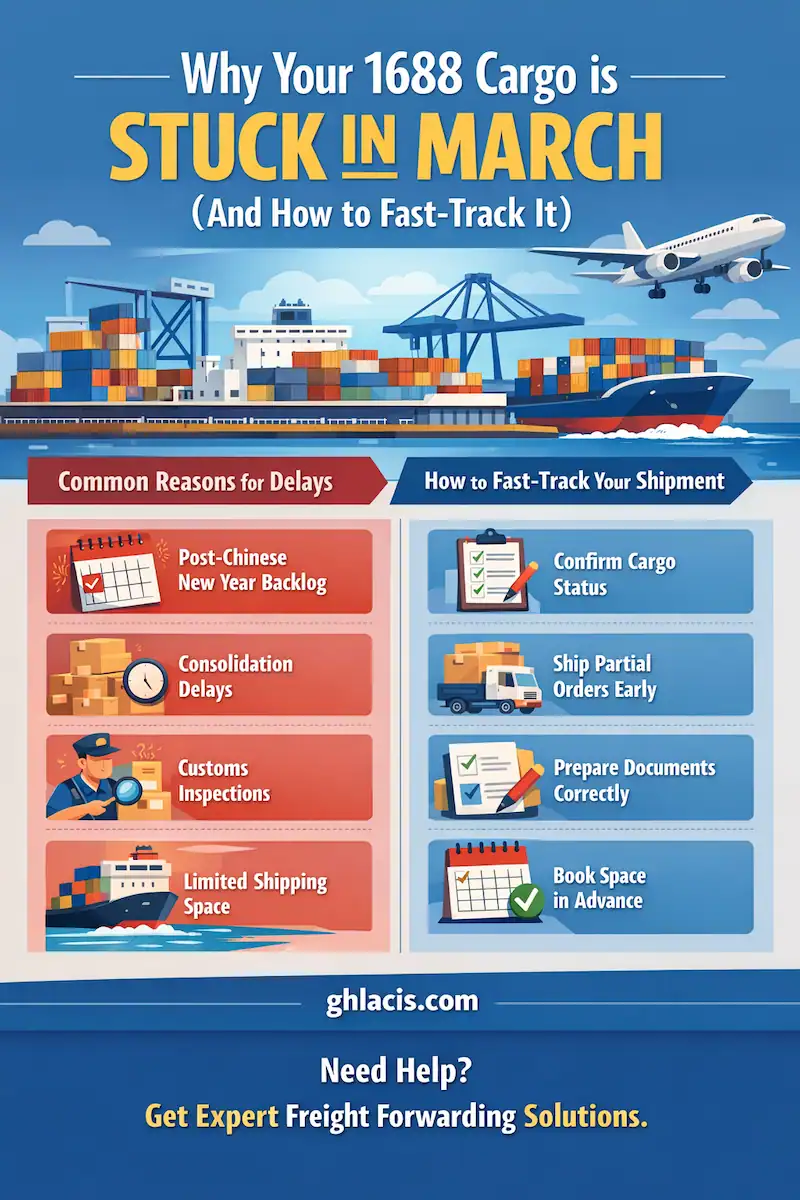 1688 cargo stuck in March infographic explaining shipping delays and fast-track solutions after Chinese New Year